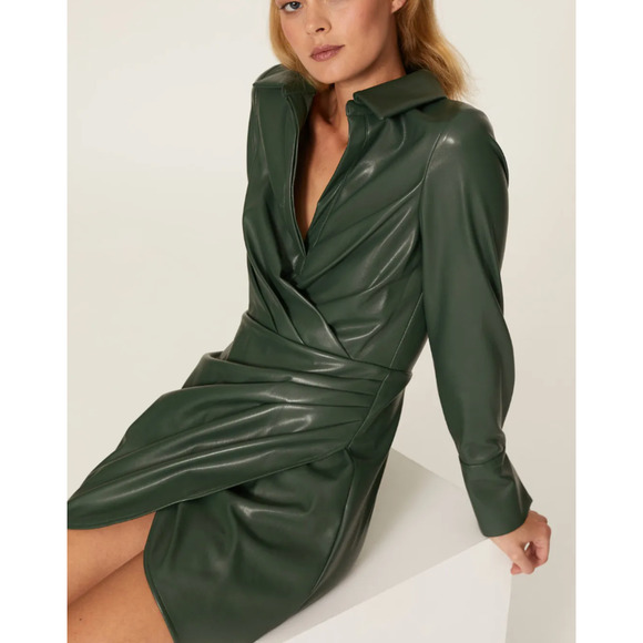 One33 Social Green Faux Leather Mini Shirt Dress SIze 2 Faux Wrap Designer $275 - Picture 2 of 11